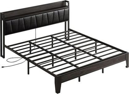LIKIMIO California King Bed Frame, PU Leather Storage Headboard with Charging Station, Solid and Stable, Noise Free, No Box Spring Needed, Easy Assembly, Black