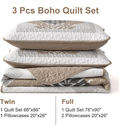 Dintszyayue Full Size Quilt Set Boho,3 Piece Khaki Aztec Texture Bedspread Coverlet Set Soft Lightweight Bedding Set Geometric Bohemian Bedspread with 2 Pillowcases(Khaki,78"x90")