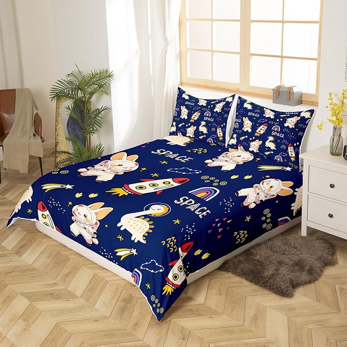 Cute Rabbits Bedding Set Kids Boys Dinosaurs Duvet Cover Set Cartoon Rocket Comforter Cover Set Starry Galaxy Navy Bedspread Cover Bedroom Quilt Cover 2Pcs Twin with 1 Pillowcase,No Comforter