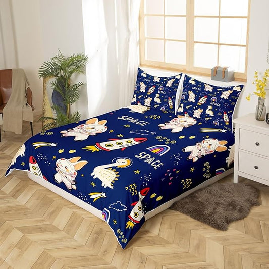 Cute Rabbits Bedding Set Kids Boys Dinosaurs Duvet Cover Set Cartoon Rocket Comforter Cover Set Starry Galaxy Navy Bedspread Cover Bedroom Quilt Cover 3Pcs King with 2 Pillowcase,No Comforter