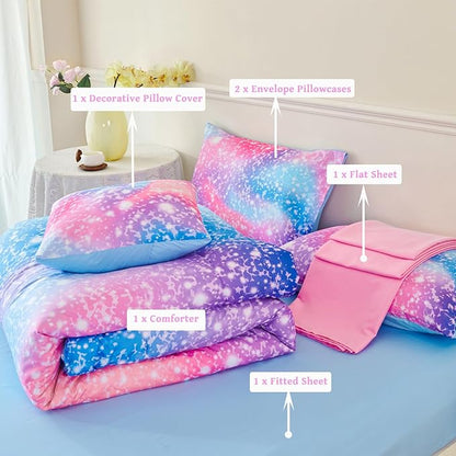 RYNGHIPY 6Pcs Girls Bedding Set Full Size Colorful Rainbow Comforter Set for Kids Teens Girls Glitter Bedding Set Lightweight Fluffy