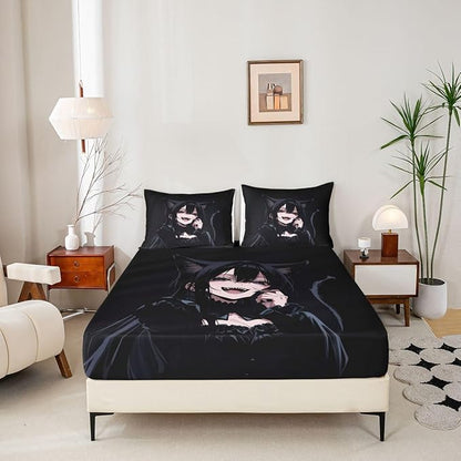 Erosebridal Anime Girl Full Bed Sheets for Kids Boys Girls 3D Japanese Fitted Sheet,Gothic Style Cat Girls Bedding Sets Cool Anime Gift Sheets with 2 Pillowcases