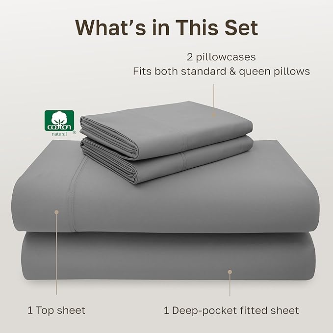 California Design Den - Luxury Full Size Sheet Set - 100% Cotton, 600 Thread Count Deep Pocket Full Size Bed Sheets, Sateen Weave - Mist Grey