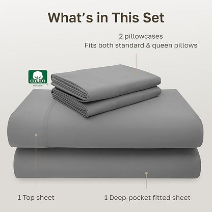 California Design Den - Luxury Full Size Sheet Set - 100% Cotton, 600 Thread Count Deep Pocket Full Size Bed Sheets, Sateen Weave - Mist Grey