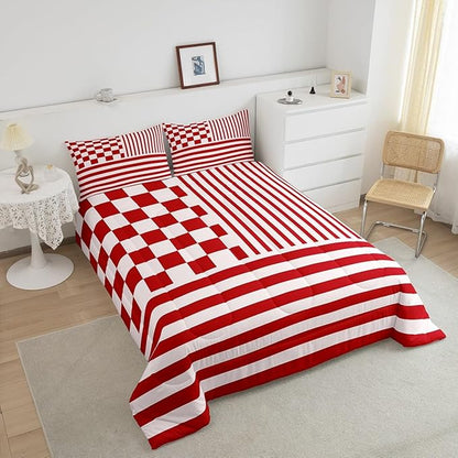 Red Stripes Comforter Set Buffalo Check Plaid Bedding Set Fashion Plaid Geometric Bedding Home Decor Modern Simple Style Comforter Full Size Quilted Duvet Set 1 Comforter with 2 Pillowcase