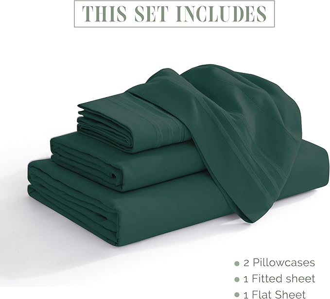 Elegant Comfort Luxurious 1500 Premium Hotel Quality Microfiber Three Line Embroidered Softest 4-Piece Bed Sheet Set, Wrinkle and Fade Resistant, Full, Hunter Green