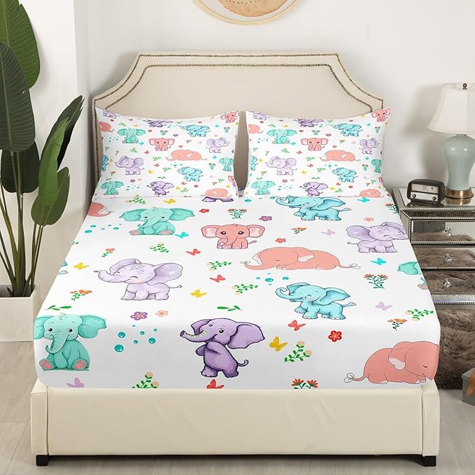 Cartoon Elephant Bed Sheet Set for Kids,Watercolor Flowers Leaves Butterfly Sheets Set,Cute Wild Animal Elephants Home Decor Sheet Sets with Deep Pocket,Top Sheet,1 Pillow Case,Twin