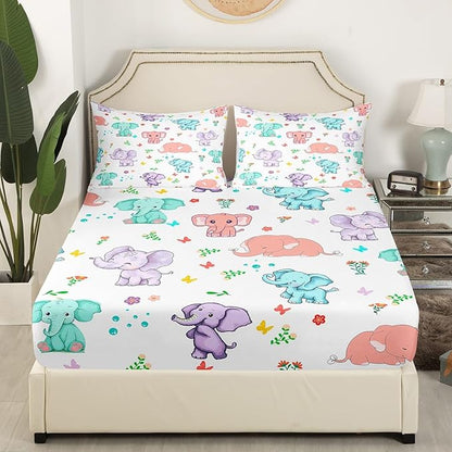 Cartoon Elephant Bed Sheet Set for Kids,Watercolor Flowers Leaves Butterfly Sheets Set,Cute Wild Animal Elephants Home Decor Sheet Sets with Deep Pocket,Top Sheet,1 Pillow Case,Twin