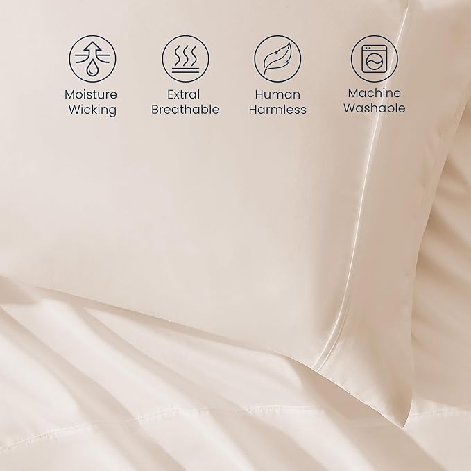 SLEEP ZONE Nanotex Super Soft Cooling King Bed Sheets Set 4 Piece - Easy Care Fitted Flat Sheet & Pillowcase Sets - Wrinkle Free, Fade Resistant, Deep Pocket 16" (Beige, King)