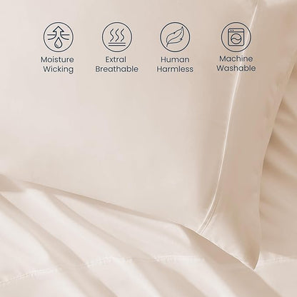 SLEEP ZONE Nanotex Super Soft Cooling King Bed Sheets Set 4 Piece - Easy Care Fitted Flat Sheet & Pillowcase Sets - Wrinkle Free, Fade Resistant, Deep Pocket 16" (Beige, King)