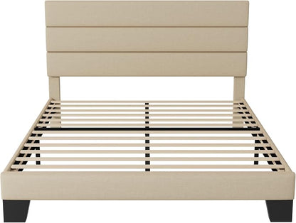 Allewie Full Size Platform Bed Frame with Fabric Upholstered Headboard | Wooden Slats Support, Fully Upholstered Mattress Foundation, No Box Spring Needed, Easy Assembly, Noise-Free, Beige
