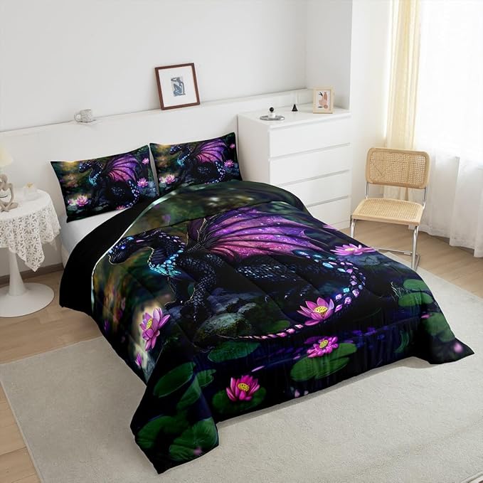 Feelyou Dragon Comforter Set Toddler Size Dragon Stuff Comforter for Boys Girls Teens Wild Life Bedding Set Lotus Flower Duvet Set Room Decor Green Purple Quilt Set