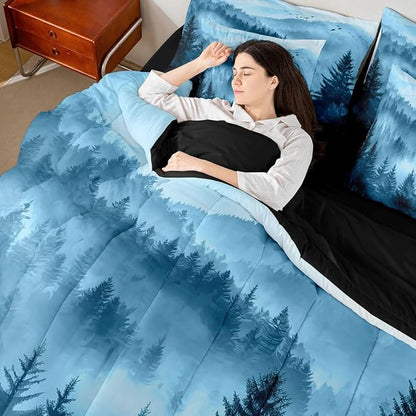Erosebridal Foggy Mountain Full Bedding Set 7 Piece Blue Forest Pine Tree Bed in A Bag with Sheets Nature Misty Woodland Comforter Set for Kids Adults,Flying Bird Bed Sets