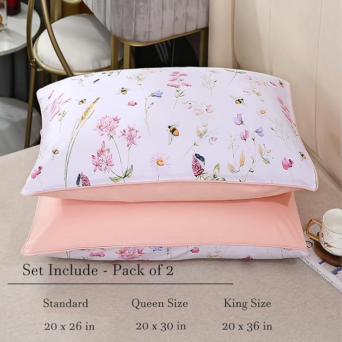 WINLIFE 100% Cotton Pillowcases King Size Pink Floral Bees Printed Pillow Cover 2 Pack, Super Soft Envelope Closure King Pillow Case Set (King, 20"x36")