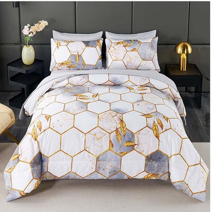 ANGIYUIN 7 Pcs White Marble Bedding Comforter Set California King, Hexagon Honeycomb with Gold Trims Comforter Set, Soft Lightweight Watercolor Bed in A Bag for Women Men