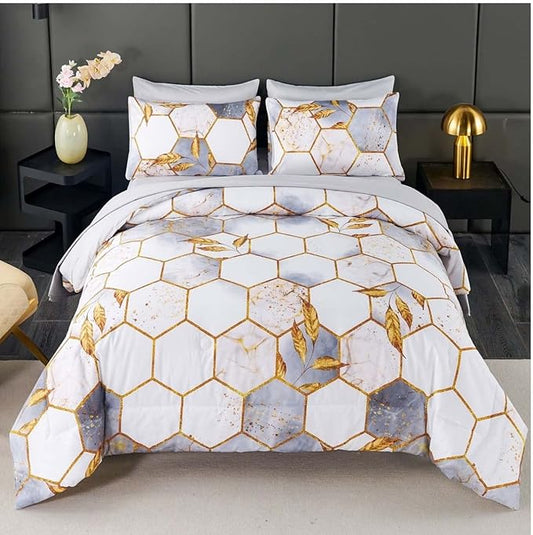 ANGIYUIN 7 Pcs White Marble Bedding Comforter Set California King, Hexagon Honeycomb with Gold Trims Comforter Set, Soft Lightweight Watercolor Bed in A Bag for Women Men