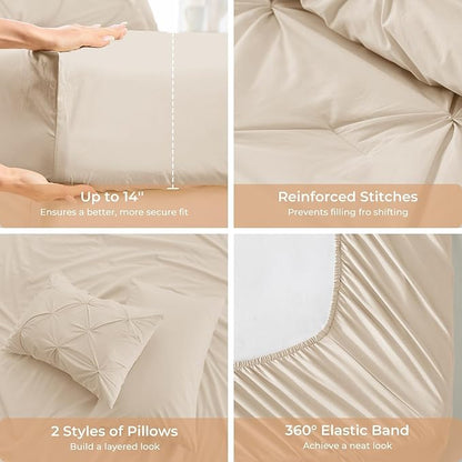 Sasttie King Size Comforter Set, 7-Piece Bed in a Bag, Pintuck Bedding Set for All Season, Includes Comforter, Flat Sheet, Fitted Sheet, Pillowcases and Pillowshams, Warm Beige