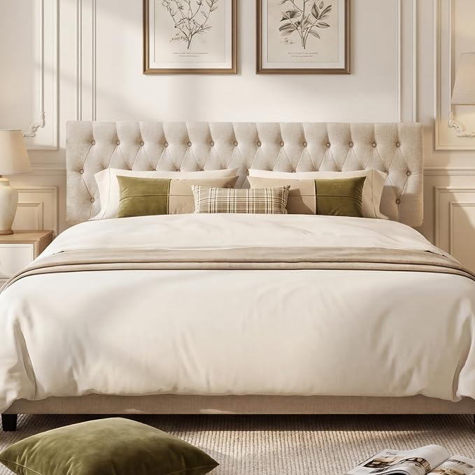 Tufted Upholstered Full Size Bed Headboard in Modern Button Design, Adjustable Solid Wood Head Board, Premium Linen Fabric Padded Headboards in Bedroom (Beige)