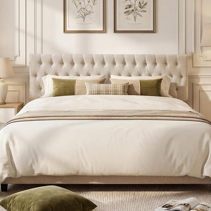 Tufted Upholstered Full Size Bed Headboard in Modern Button Design, Adjustable Solid Wood Head Board, Premium Linen Fabric Padded Headboards in Bedroom (Beige)