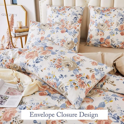 WINLIFE 100% Cotton Pillowcases Set of 2 Natural Beauty Artwork Garden Floral Printed Pillow Cases Orange Blue Rose Print Pillow Cover (Standard 20x26'', Peony)
