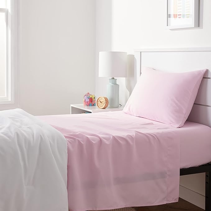 Amazon Basics Kid's Soft, Breathable, Easy-Wash Microfiber 3-Piece Sheet Set, Machine Washable, Twin, Light Pink, Solid