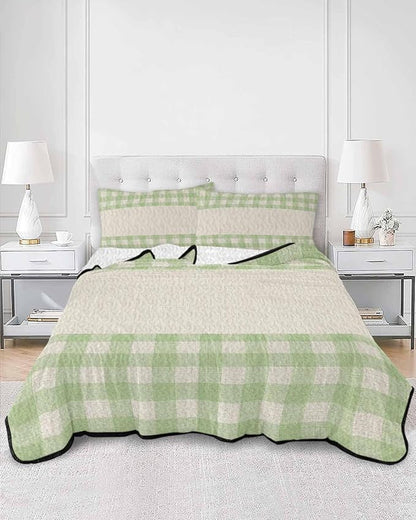 Full Size Quilt Bedding Set, Retro Green Lightweight Summer Quilt 3 Pieces Bedding Sets, Farmhouse Buffalo Plaid Vintage Beige Reversible Soft Bedspreads Coverlets with 2 Pillow Shams for All Season