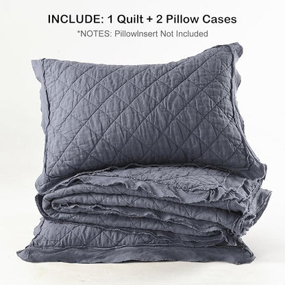 HORIMOTE HOME 100% Linen Front/100% Cotton Back Quilt Set Twin Size, Steel Blue Pre-Washed Flaxen Bedspread Coverlet Set, Diamond Stitch Cotton Linen Bedding Set 2-Piece for All Seasons