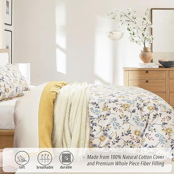 Yellow Floral Cotton Comforter King Size - Orange, Blue & Slate Gray Botanical Pattern on Off White, Reversible Design, 3PC Lightweight Bedding Set with Soft Alternative Fill (King)