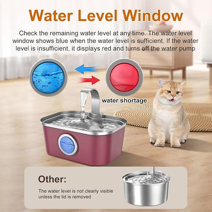 Bobo&Dragon Stainless Steel Cat Water Fountain, 124oz/3.5L Automatic Dog Water Dispenser - Ultra Quiet Faucet Flow, Smart Window & Fresh Filtered Hydration, Dishwasher Safe for Multi-Pet Cosmic Berry