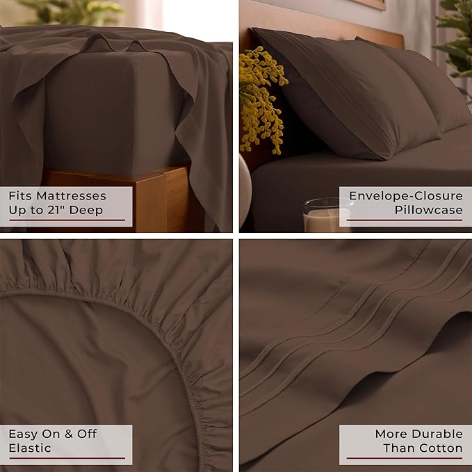 Mellanni Queen Sheet Set - 6-Piece Iconic Collection Bedding, (Including 4 Pillowcases), 21-Inch Extra Deep Pocket, Easy Care, Ultra Soft, Cooling Sheets, Brushed Microfiber - Brown