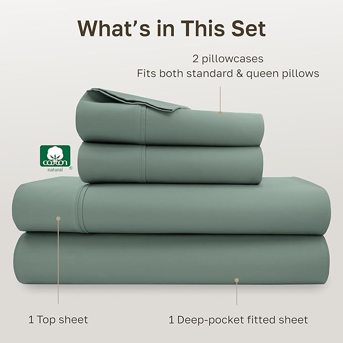 California Design Den Queen Sheet Set - Soft 400 Thread Count Sateen, Natural 100% Cotton Sheets, Deep Pockets with All Around Elastic for a Snug Fit, Durable Bedding Set - Sage Green