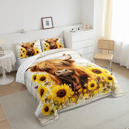 Feelyou Highland Cow Comforter Set Toddler Size Highland Cattle Comforter for Boys Girls Teens Animal Bedding Set Wildlife Duvet Set Room Decor Yellow Beige Quilt Set