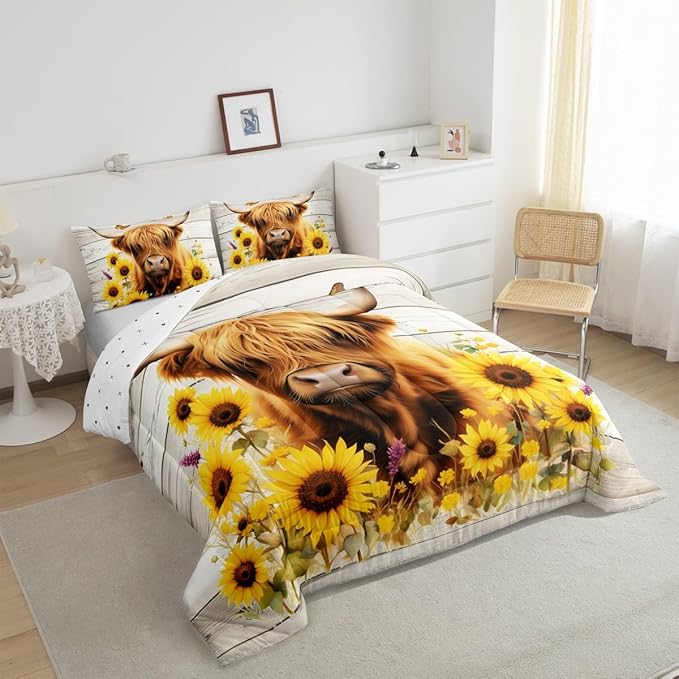 Feelyou Highland Cow Comforter Set Full Size Highland Cattle Comforter for Boys Girls Teens Animal Bedding Set Wildlife Duvet Set Room Decor Yellow Beige Quilt Set
