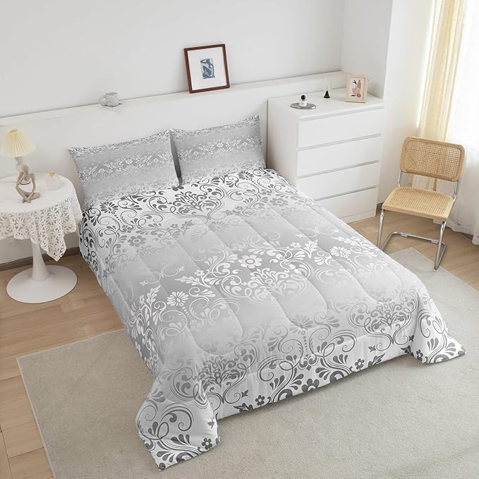 Feelyou Adults Silver Vintage Damask Floral Comforter Set Oriental Antique Comforter Twin Size Gothic Bohemia Boho Flower Bedding Set Bohemian Exotic Duvet Set Quilt Set 2Pcs