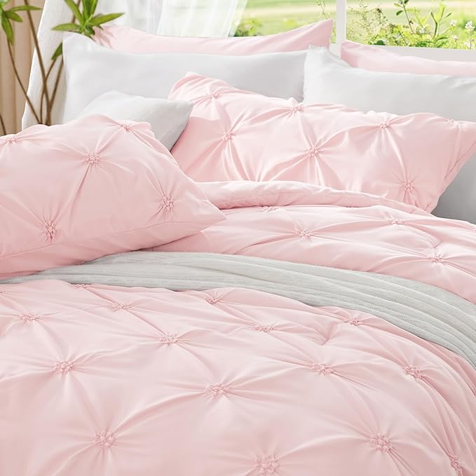 BEDELITE Baby Pink Comforter Set Full - 3 Peices Boho Pintuck Bedding Comforter Sets, Lightweight Soft & Warm Twin Bedding Sets with 2 Pillowcase for All Season