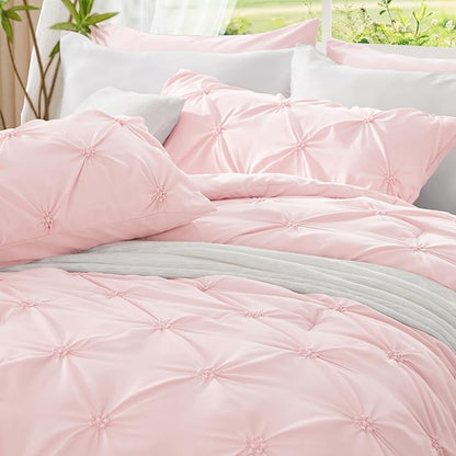 BEDELITE Baby Pink Comforter Set Full - 3 Peices Boho Pintuck Bedding Comforter Sets, Lightweight Soft & Warm Twin Bedding Sets with 2 Pillowcase for All Season