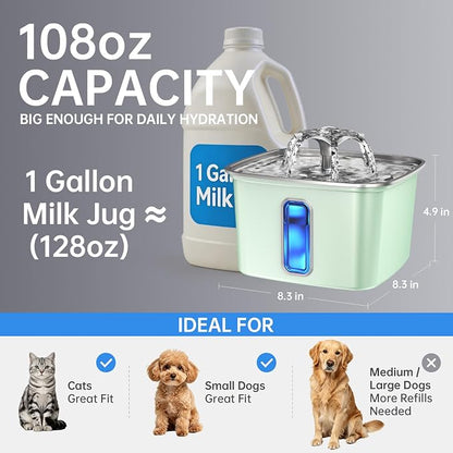 Veken Innovation Award Winner Stainless Steel Cat Water Fountain, 108oz | Automatic Pet Fountain Dog Water Dispenser with Replacement Filters & Silicone Mat for Cats, Dogs (Tea Green)
