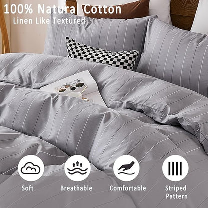 Merryword 100% Cotton Stripe Duvet Cover Set Queen Size - Gray Striped Duvet Cover Set with Zipper Closure & 8 Corner Ties, Modern Minimalist Wide Stripe Bedding Set for Cozy Elegant Bedroom