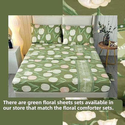 SDIII Rabbit and Green Floral Comforter Set Full 3 Pieces, Soft Microfiber Green Floral Comforter Full Size, Botanical Bedding Set All Season