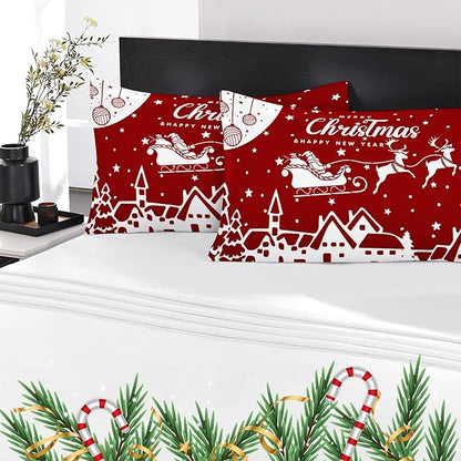 YIYEA Christmas Pillow Cases Standard Size Set of 4, Ultra Soft Double Brushed Microfiber Red Pillowcases and Christmas Pillow Covers, Envelope Closure, Fade Resistant (20"x26")