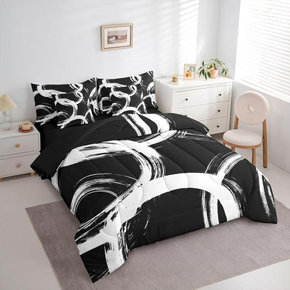 Erosebridal White and Black 7 Pcs Comforter Set Twin Abstract Line Minimalist Ink Painting Bedding Set for Kids Boys Girls Simple Graffiti Art Modern Geometric Sheet Set Boho Cool Unique Mens Quilt