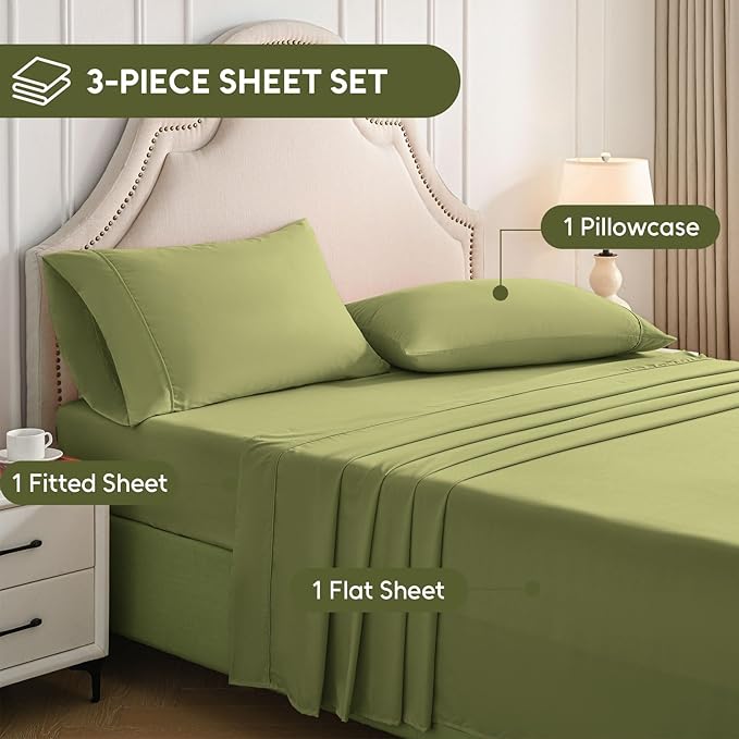 Twin Sheets Set, 3 Pieces Hotel Luxury Soft Microfiber Bed Sheets Set, Up to 16" Deep Pockets, Oeko-Tex Sheets with Elastic, Breathable, Wrinkle Free (Green, Twin)