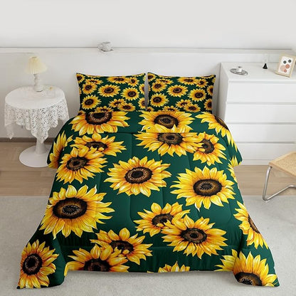 Erosebridal Sunflower Comforter Set King Size 3D Floral Bedding Set for Kids Girls Women Adult Yellow Floral Down Comforter Botanical Flower Print Green Quilt Set Blossom Garden Duvet Set