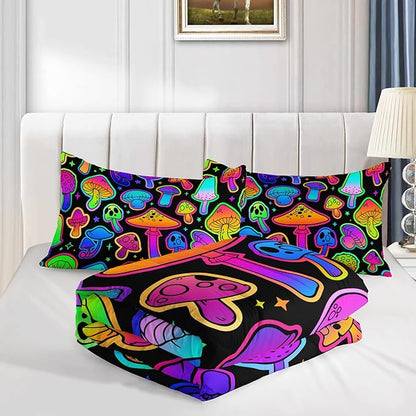 Mushroom Comforter Set Kids Bedding Set Queen,3Pcs Colorful Soft Black Gradient Mushroom Quilt Set Bed in A Bag with 1 Comforter 2 Pillowcases for Kids Boys Girls Teens Adults Room Decor All Season
