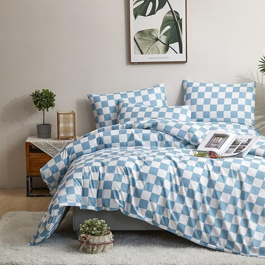 Houseri Modern Light Blue Plaid Comforter Set - Full Size Comforters, Baby Blue Grid Bedding, Blues: Sky, Aqua, Pale, Dorm Bed Comforter, Checkerboard Comforter Set