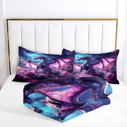 Boys Kids Dragon Comforter Set Queen Size Purple Rose Bedding Set 3 Pieces Modern Science Fiction Theme Bedding Soft Lightweight Comforter for All Season,2 Pillowcases