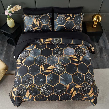 ANGIYUIN Geometric Black Queen Comforter Set, 7 Pieces Modern Foil Print Decor Gold Trim Bed in A Bag, Ultra Soft Lightweight Duvet Insert for All Season (Black Queen)