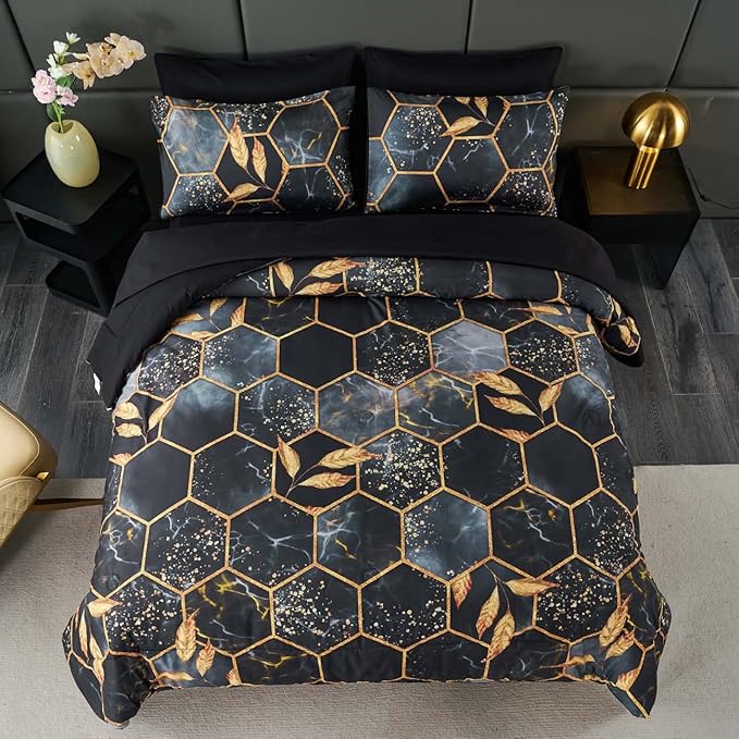 ANGIYUIN 7Pcs Black and Gold Comforter Set Full Size, 3D Hexagon Geometric Bedding Comforter Set, Marble Bed in A Bag Watercolor Foil Print Bed Sets with Comforter and Sheets (Black Full)