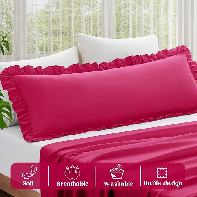 KKJIAF Ruffle Body Pillow Cases Set of 1, Ruffled Pillow Covers with Envelope Closure, Wrinkle Resistant Ruffled Long Pillow Shams 20" x 54", Hot Pink