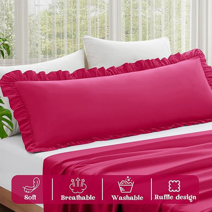 KKJIAF Ruffle Body Pillow Cases Set of 1, Ruffled Pillow Covers with Envelope Closure, Wrinkle Resistant Ruffled Long Pillow Shams 20" x 54", Hot Pink